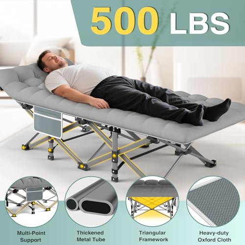 Camping Cot for Adults with Mattress - Heavy-Duty Folding Bed, 1200D Oxford, Supports 500LBS, 28