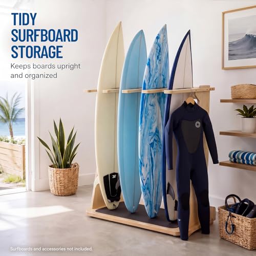 Leinuosen 4-Board Surfboard Rack Stand - Vertical Wood Storage for Longboards & Shortboards