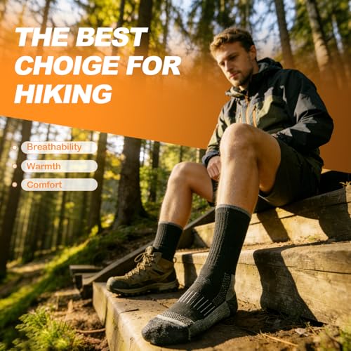 Winter Merino Wool Hiking Socks - Heavyweight Breathable Cushioned Socks, Large, Black