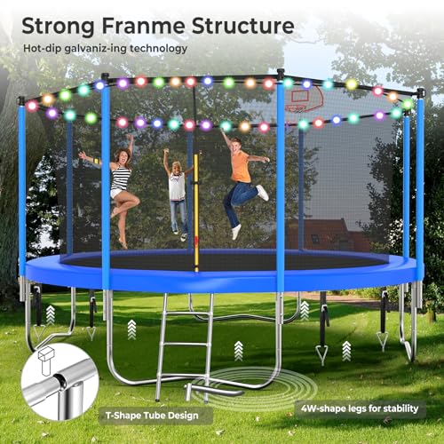 Lyromix 12ft Cobalt Blue Outdoor Trampoline with Lights, Sprinkler & Basketball Hoop