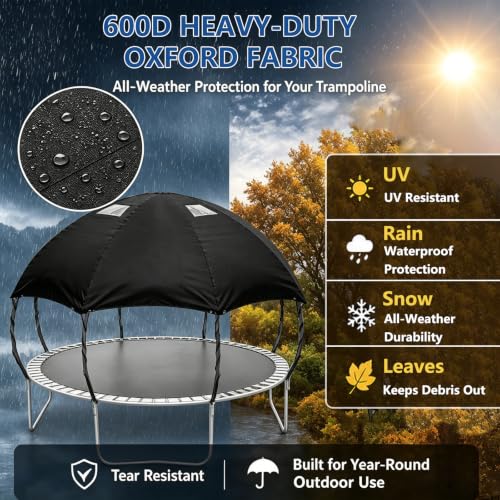 Black 14ft Waterproof Trampoline Cover with PVC Skylight & Support Poles - Heavy Duty