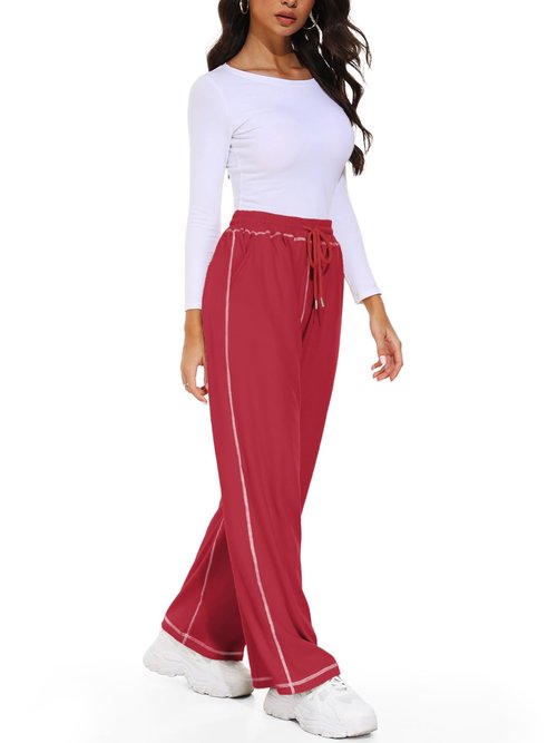 Feiersi Women's Wide Leg Sweatpants Soft Trendy Drawstring Baggy High Waisted Casual Trousers Jogger Sweat Pants(Red,Large)