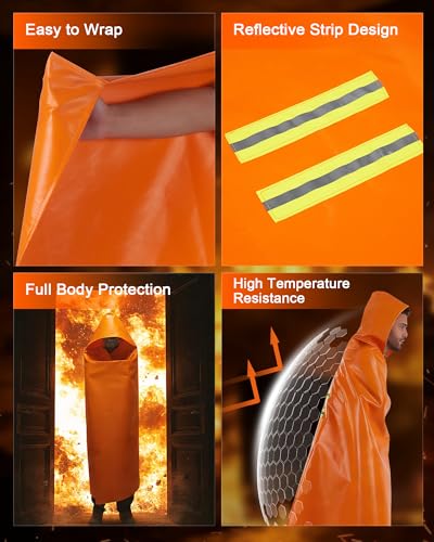 Emergency Fireproof Cloak with Hood - Extra Large 70.87 x 70.87 Inches, Heat Resistant Fire Escape Poncho in Orange