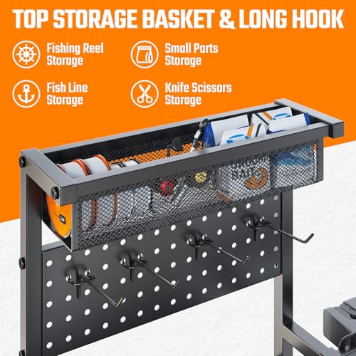 Freexployer Black Fishing Rod Holders for Garage with 3-Tier Shelves & Storage