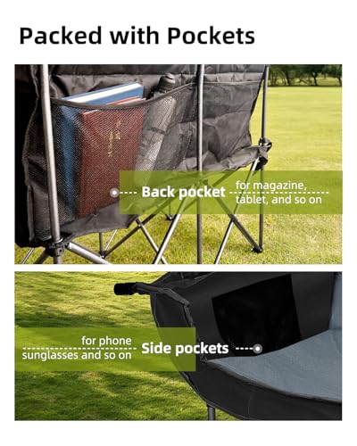 Abahub Double Loveseat Camping Chair Black-Grey Heavy-Duty Portable Folding Outdoor Seating