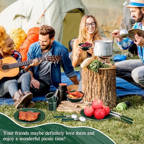 Nuogo 48-Piece Green Camping Enamel Dinnerware Set for 8 with Bowls Plates Cups Utensils
