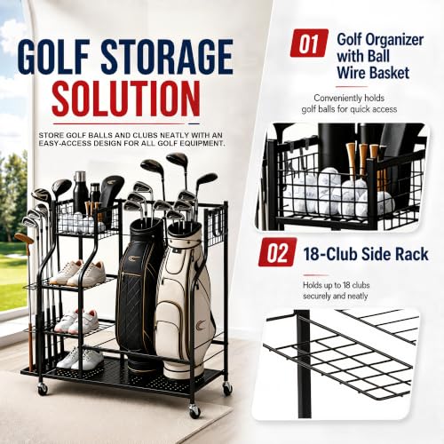 Golf Bag Storage Rack with Wheels - Garage Organizer for Clubs & Accessories
