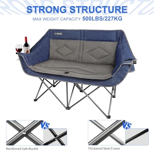 Blue Oversized Double Camping Chair - Heavy Duty 2-Person Folding Loveseat for Outdoor Use