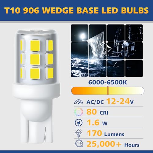 906 T10 Wedge Base Marine LED Boat Light Bulb 12-24V 6000K 2 Pack