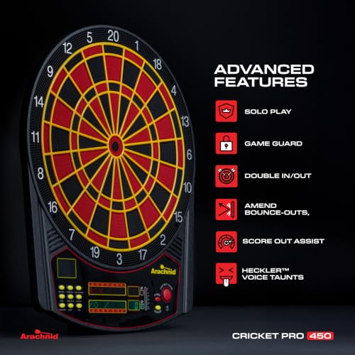 Arachnid Cricket Pro 450 Electronic Dartboard - Black/Red, Regulation Size 15.5"