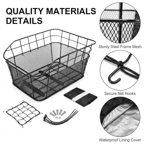 Large Waterproof Bike Rear Basket with Cargo Net & Rain Cover - 20L