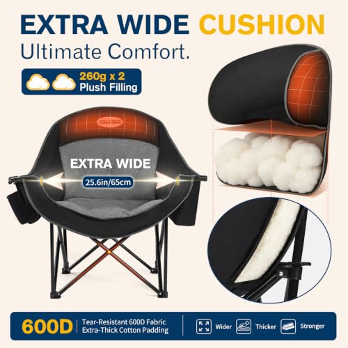 Coldbee Black Oversized Padded Camping Chair 2 Pack with Cooler & Cup Holders
