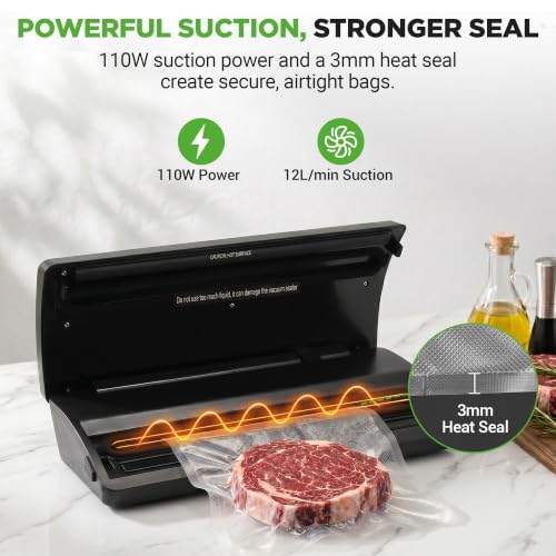 NutriChef Food Vacuum Sealer Machine with Roll Cutter - Stainless Steel/Black, 14.1x6.0x3.0 Inches