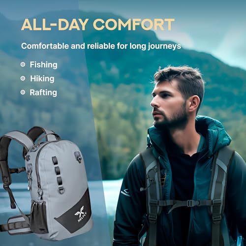 Xelfly Gray Waterproof Fishing Backpack with Rod Holder & Inflatable Buoyancy