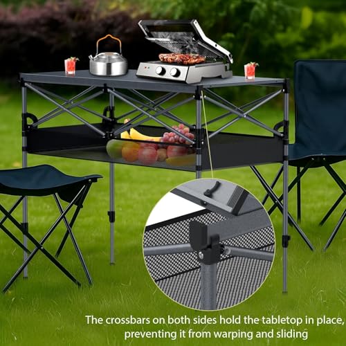 Anbte 34.2-Inch Tall Folding Camping Table with Aluminum Surface, Black, Adjustable Height & Mesh Storage