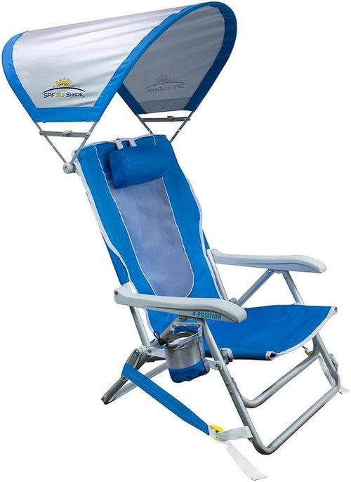 GCI Outdoor Sunshade Backpack Beach Chair - Reclining Folding Canopy with Drink Holder & Carry Straps | Saybrook Blue