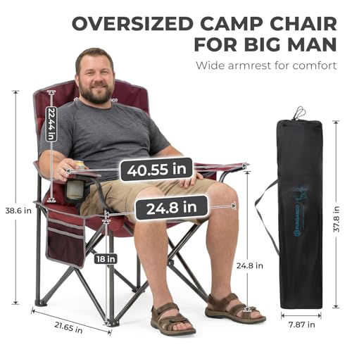 Oversized Camping Chair with Lumber Support - 1 Pack Red/Grey Heavy Duty Folding Chair