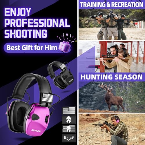 ZOHAN Electronic Shooting Ear Muffs with Patches, Ambient Sound Amplifier, NRR 23dB, Black & Purple