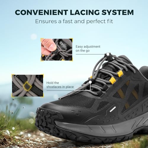 FitVille Men's Waterproof Hiking Shoes 10.5 Wide Black/Grey All-Terrain Sneakers