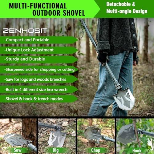 ZENHOSIT Folding Tactical Shovel & Hatchet Combo with Extendable Handle, Flashlight & Accessories for Camping & Outdoors