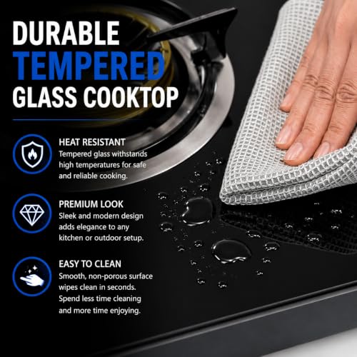 Portable Propane Gas Stove with 2 Burners, 25,516 BTU, Auto Ignition, Tempered Glass Top for Camping, RV, Backyard Cooking