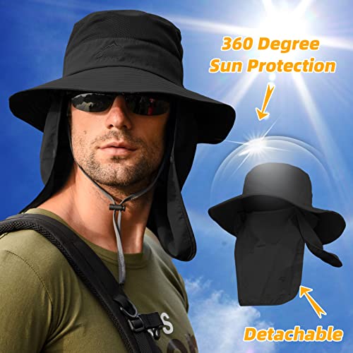 Men's Sun Protection Fishing Hat with Removable Neck Flap Face Cover - Black