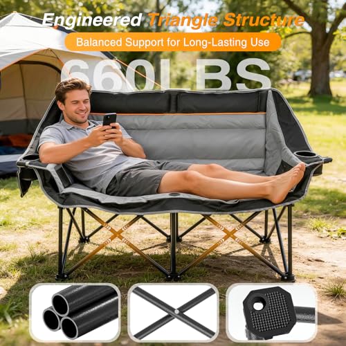 Heavy Duty Double Camping Chair - 660lbs Capacity, Foldable 2 Person Outdoor Seat - Black Gray