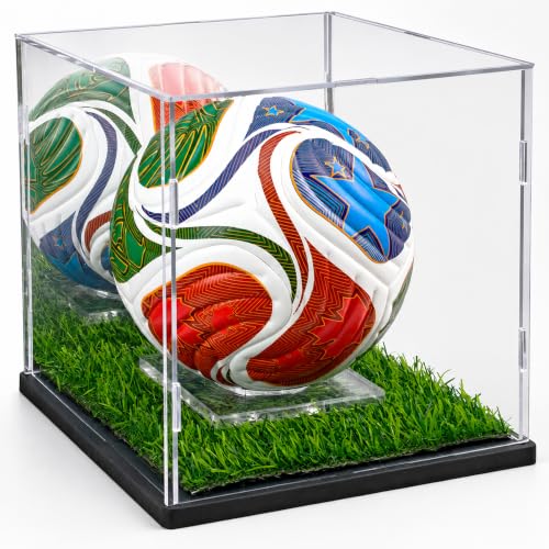 Acrylic Mini Soccer Ball Display Case with Mirror Back & Turf Base - 7.5"Lx7.5"Wx7.9"H, Variation of Acrylic Case for Mini Soccer