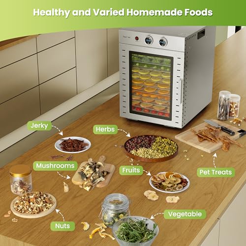 Septree Ancient Silver Food Dehydrator with 12 Stainless Steel Trays, Adjustable Temp & Timer