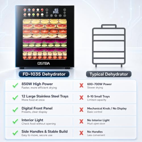 OSTBA Food Dehydrator 12 Trays Stainless Steel Silver & Black 850W Digital