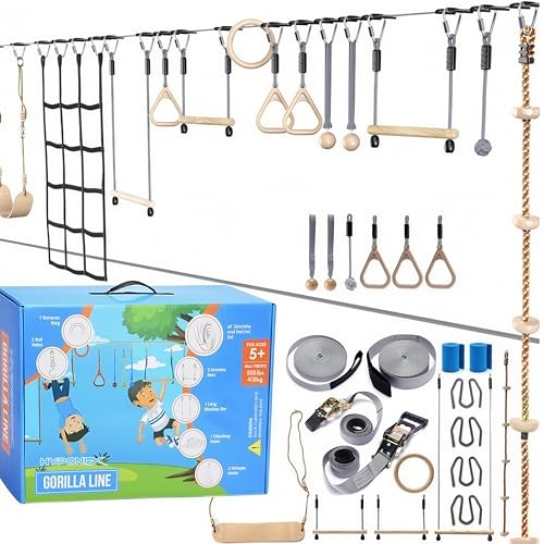 Kids Ninja Warrior Obstacle Course Set - 2 x 60 ft, 13 Obstacles, Grey