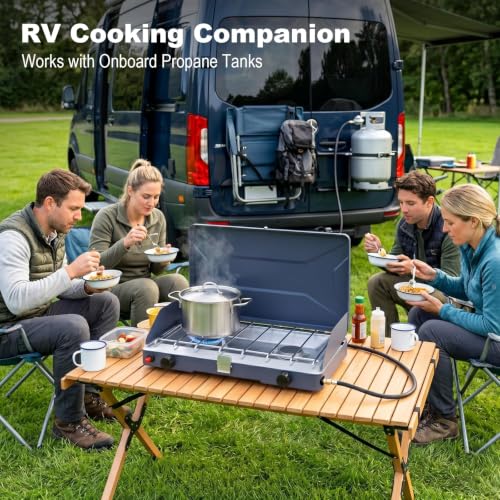 Portable Camping Stove with 2 Burners - Propane Gas Cooktop, Windshield & One-Touch Ignition