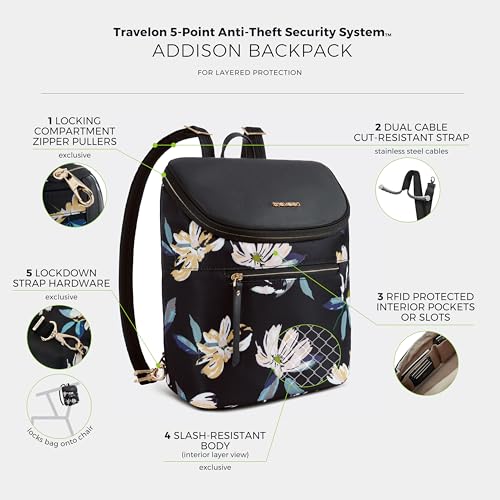 Travelon Anti-Theft Addison Backpack Midnight Floral - Secure Daypack for Travel & Urban Use