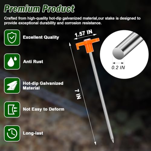 Heavy Duty Tent Stakes 7 Inch - 20 Pack Galvanized Steel Camping Pegs with Orange Heads