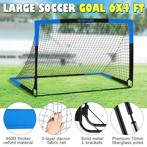 Kids Soccer Goals Set of 2 - 6x4 ft Portable Black Blue Backyard Soccer Nets for Kids 3-14