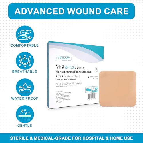MedVance Waterproof Foam Wound Dressing 6x6 Inches, 5 Pack - Non-Adherent Medical Wound Care
