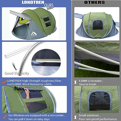 Londtren 4-Person Green & Grey Waterproof Pop-Up Family Tent with 2 Doors, Instant Setup for Camping Hiking