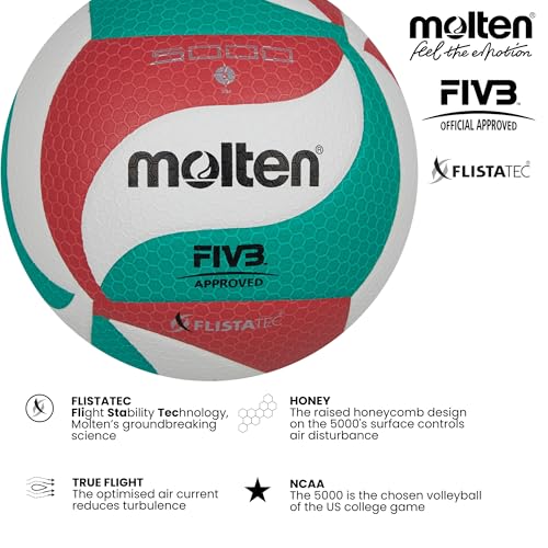 Molten FIBA Approved Indoor Volleyball - Official Size & Weight, Red/White/Green, Dual-Layer Laminated Leather
