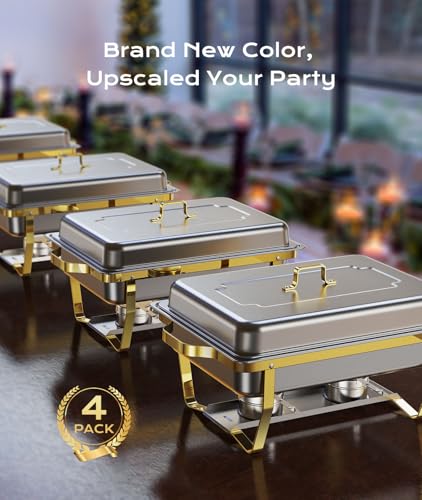 ZILODE 4 Pack Gold Chafing Dishes Buffet Food Warmers for Parties, 9QT