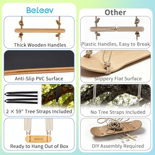 BELEEV Classic Wood 31-Inch Skateboard Swing for Kids & Adults, Adjustable Handles & Ropes