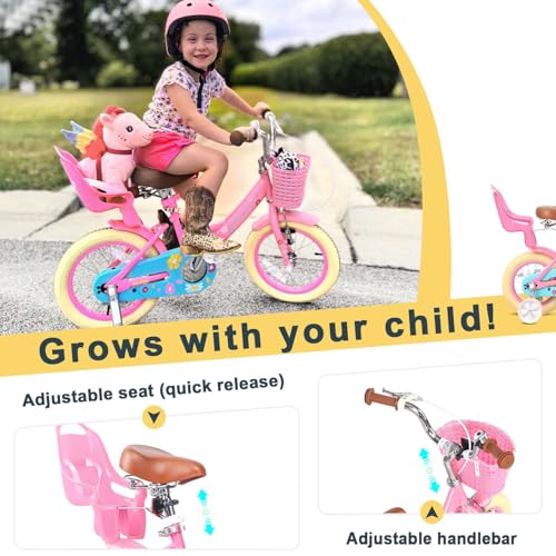 Pink 14 Inch Princess Kids Bike with Doll Seat & Basket - Girls Bicycle for 3-5 Years