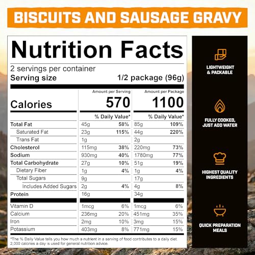 Freeze-Dried Breakfast Meal - Biscuits and Sausage Gravy 6-Pack - High Protein, Easy Prep