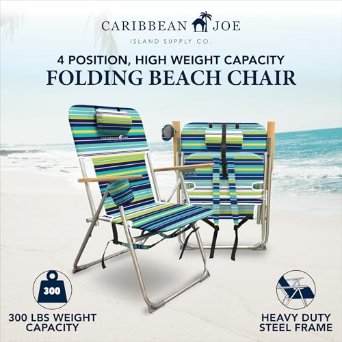 Caribbean Joe Blue Lime Stripe Folding Beach Chair 4-Position Reclining, 300lbs Capacity, Headrest & Cup Holder