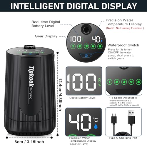 Tipkook Portable Camping Shower Black - 10000mAh Rechargeable Waterproof High-Pressure Outdoor Shower with LED Display, 5-Speed Pump for Hiking & Pet Bathing