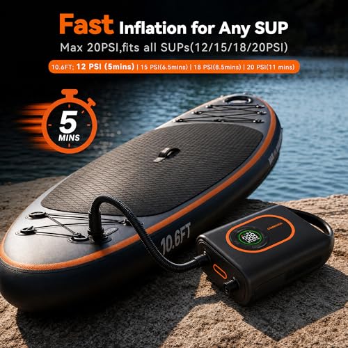 Electric Paddle Board Pump 20 PSI with Auto Shut-Off, Dual-Stage Inflation, Portable SUP Air Pump for Kayak Boat & Surfing