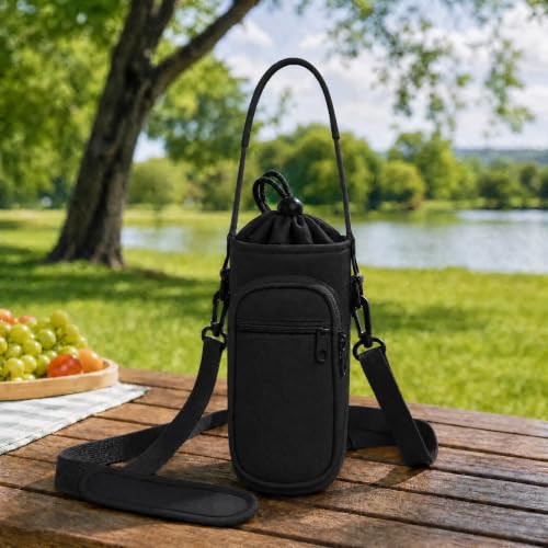 Crossbody Water Bottle Holder with Strap & Phone Pocket - Black, 40 Ounces