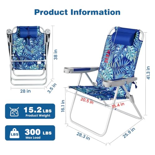 Sunnyfeel Tall Folding Beach Chair for Adults - Green, High Back & Adjustable Recline
