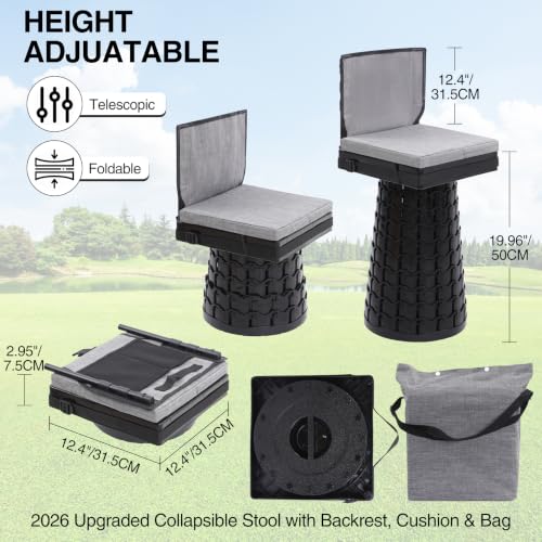 Portable Collapsible Stool with Cushion and Backrest for Adults, Adjustable Camping Seat
