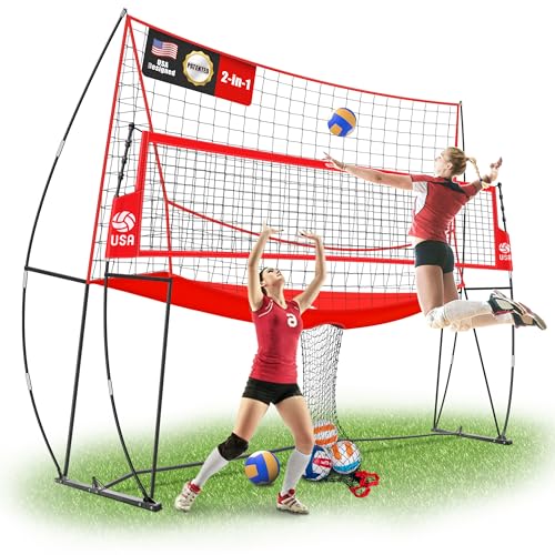 JOLORLY 12x11 ft Red Volleyball Practice Net Station - Adjustable Height, Backyard Training System