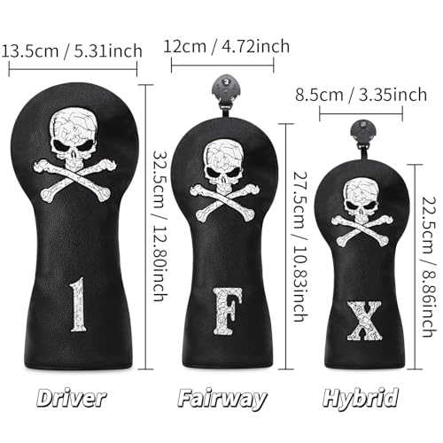 Golf Skull Skeleton Head Cover Golf Club Black Leather Headcovers Set Fits Driver Fairway Wood Hybrid Utility Putter Iron Wedge Headcover. (Hybrid)